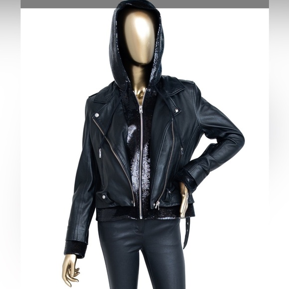 IRO Women's Black Sequin‎ Trim Leather Biker Jacket Size 42 - Picture 1 of 12